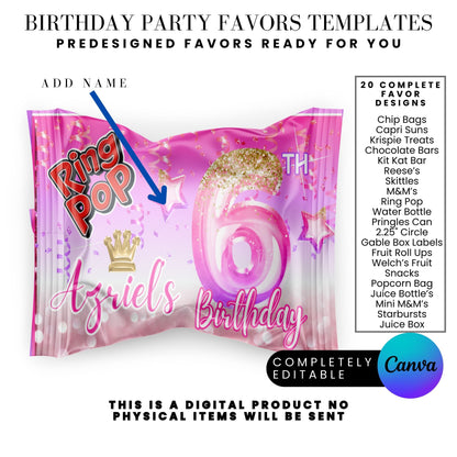 Pink Princess Glitter Birthday Party Favor Templates Bundle