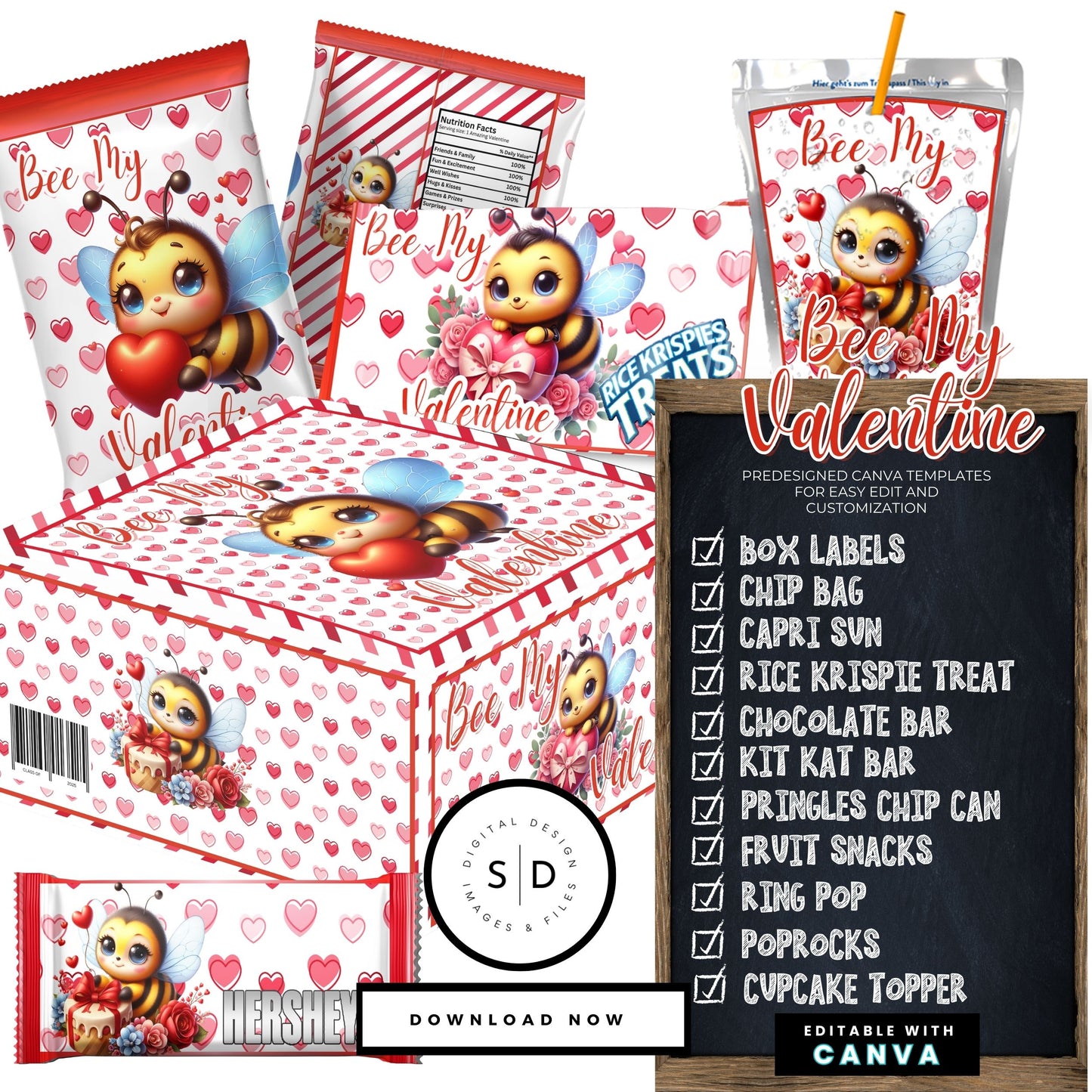 🐝 Bee My Valentine’s Day Gift Box & Party Favor Canva Templates 💝