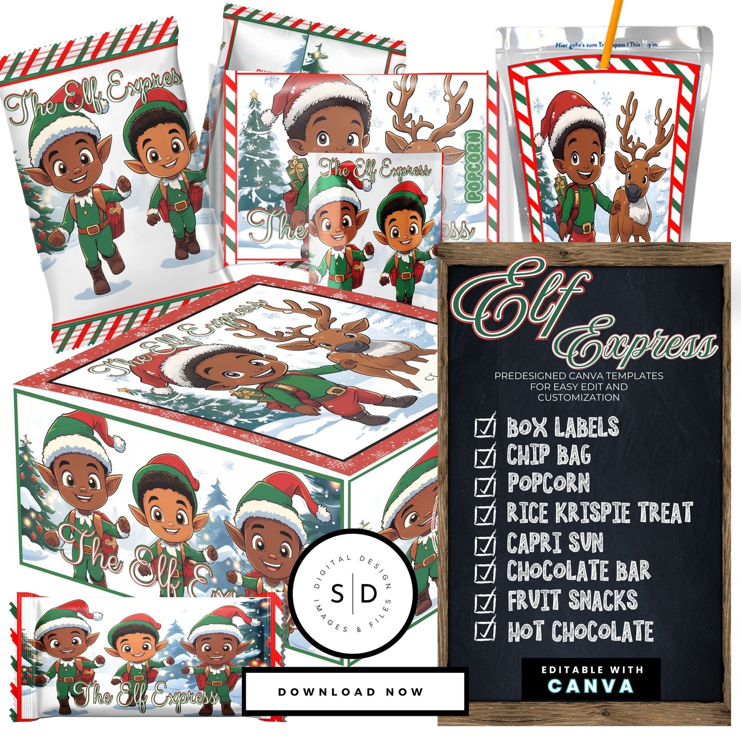 Elf Boy Express Christmas Eve Gift Box Canva Template Bundle