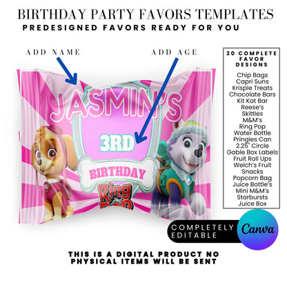 Pink Puppy Patrol Birthday Party Favor Templates Bundle