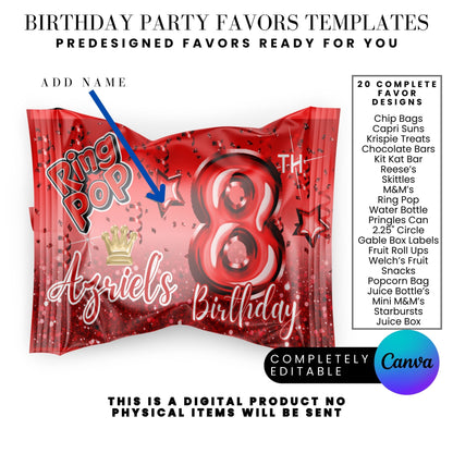 Red Princess Glitter Birthday Party Favor Templates Bundle