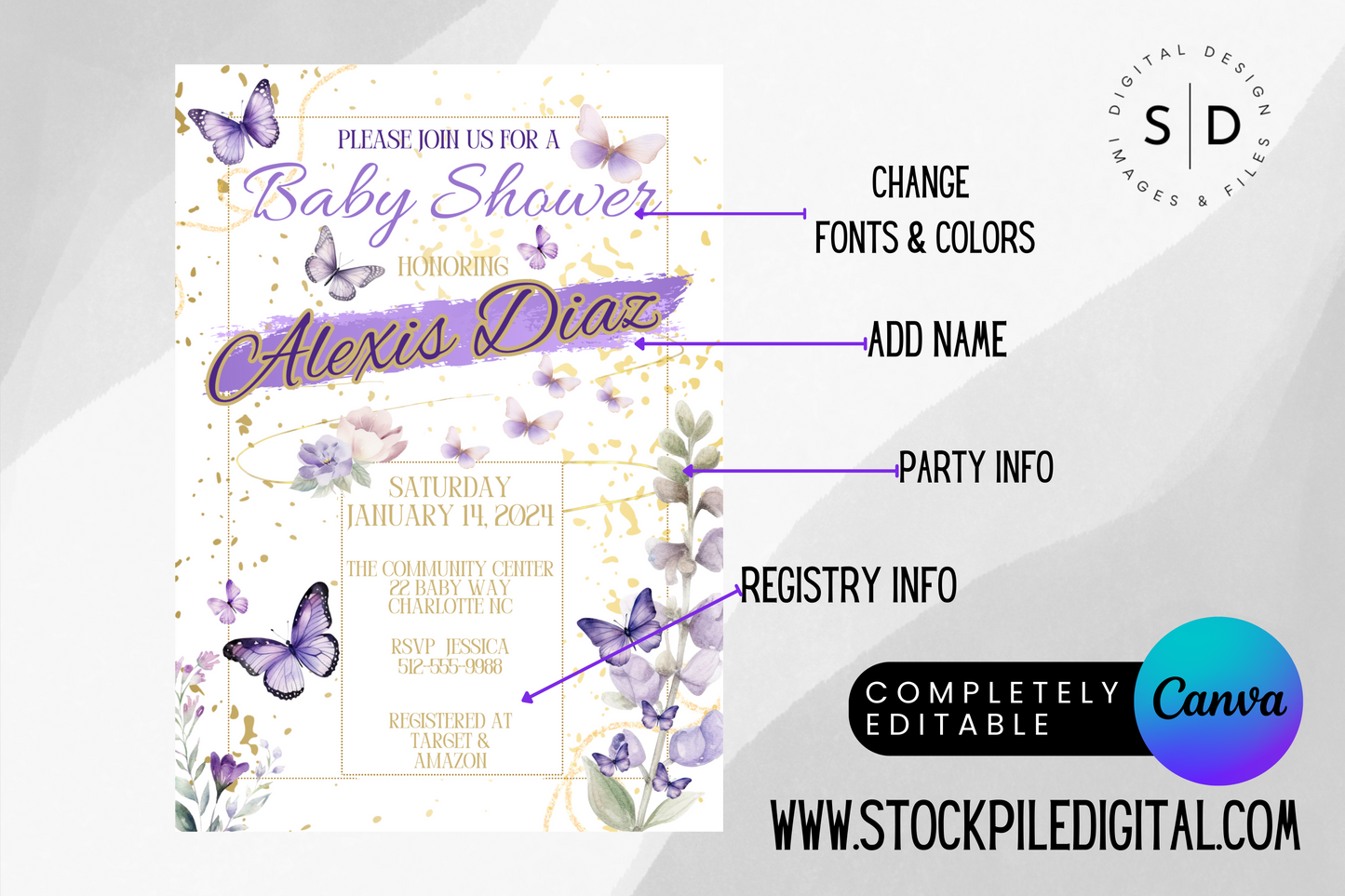 Purple Watercolor Butterflies Baby Shower Invitation