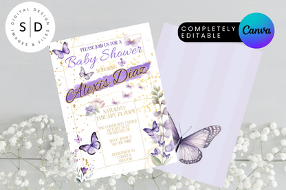 Purple Watercolor Butterflies Baby Shower Invitation