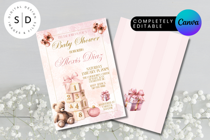 Blush Pink & Gold Bear Baby Shower Invitation
