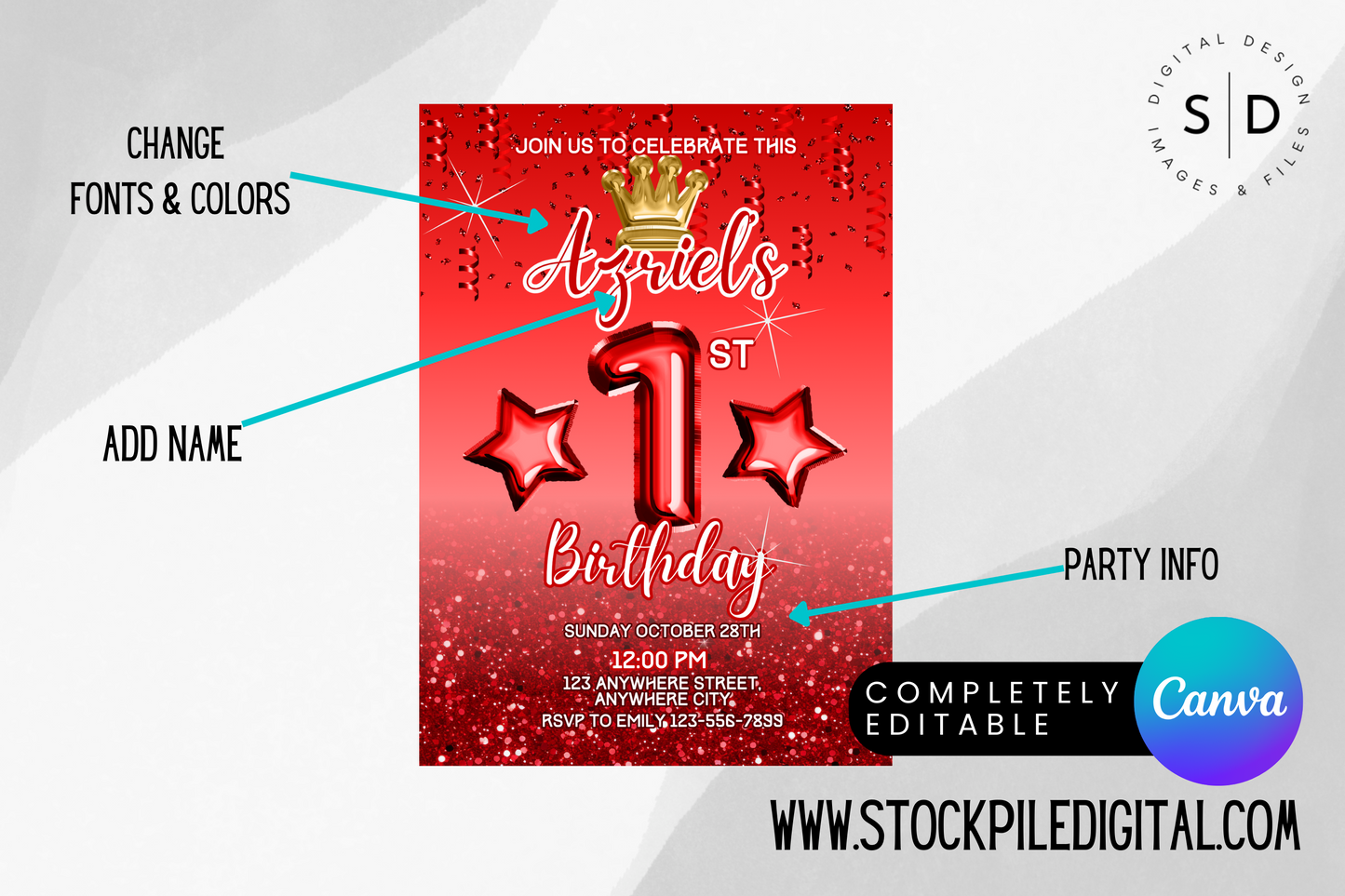 Red Princess Crown Foil Birthday Party Invitation