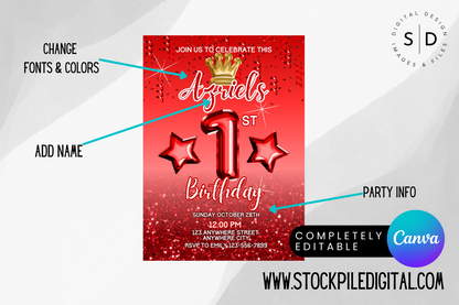 Red Princess Crown Foil Birthday Party Invitation