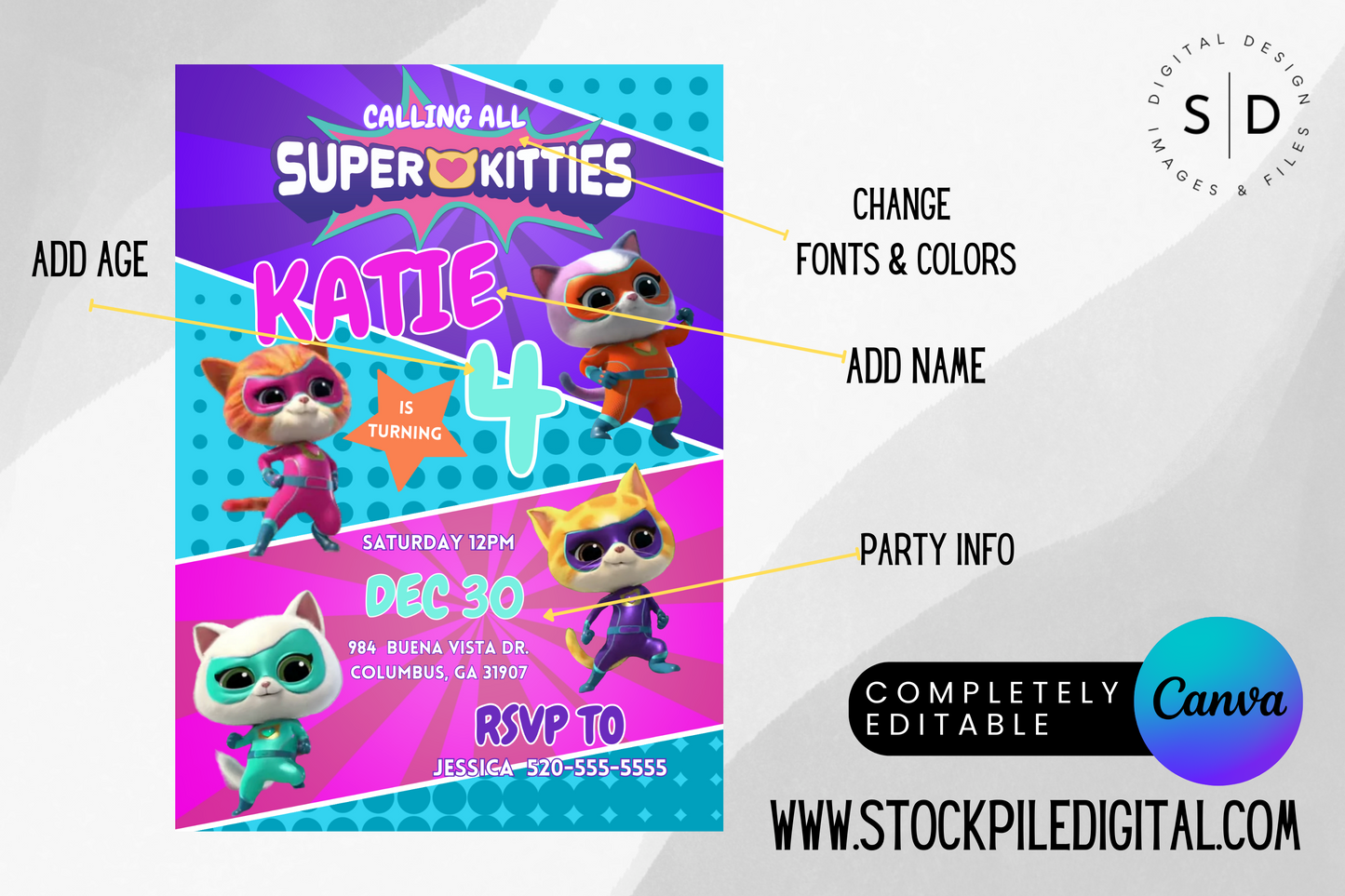 Super Kittie Birthday Invitation Template