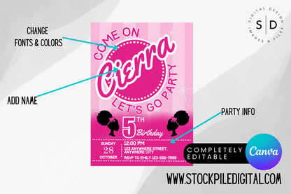 Come on Afro Barbie Party Invitation