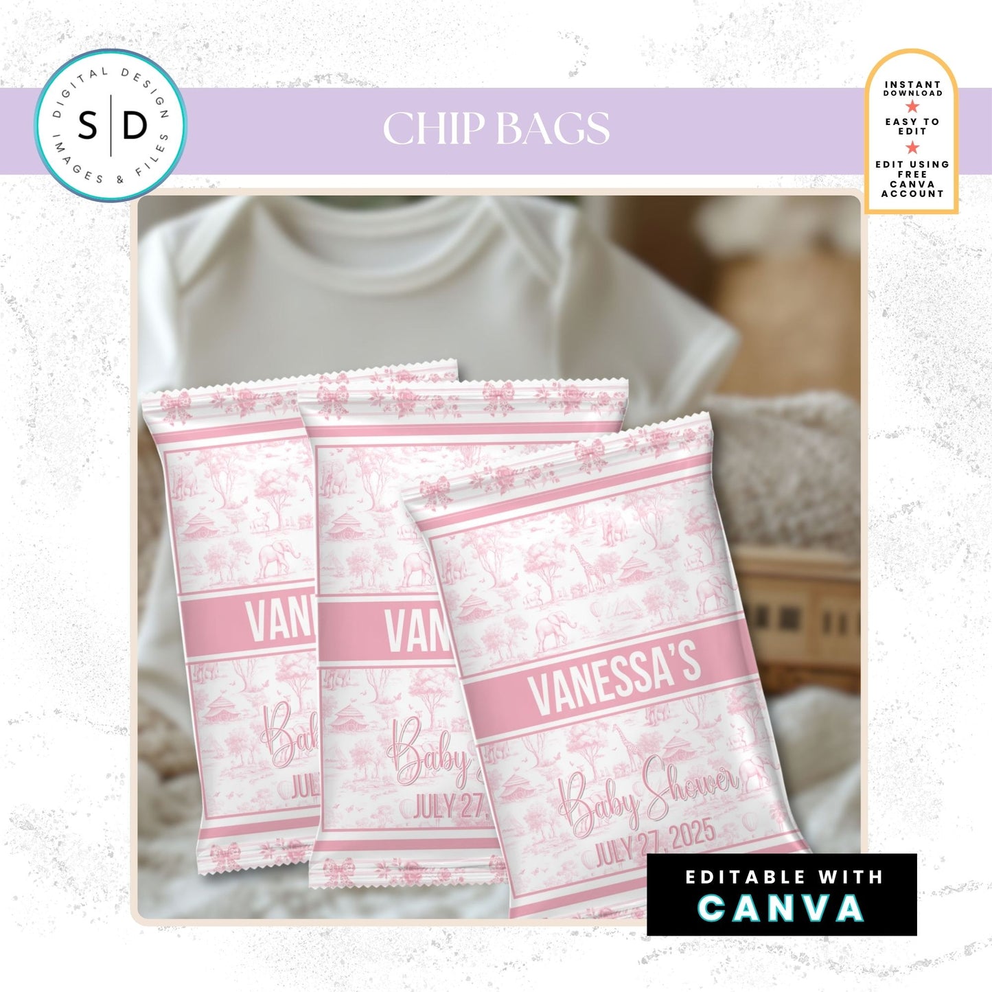 🌸 Safari Toile de Jouy Baby Shower Bundle – Editable Canva Templates 🌸