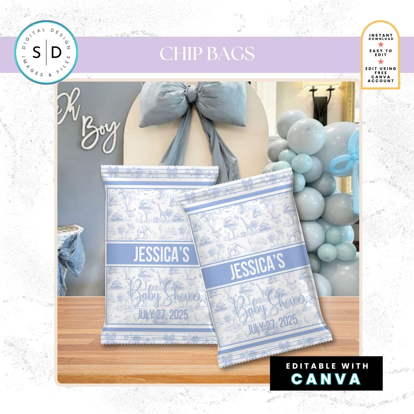 🦁 Safari Toile de Jouy Baby Shower Bundle – Dusty Blue Edition