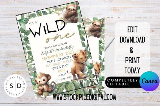 Wild One Jungle Safari 1st Birthday Party Invitation