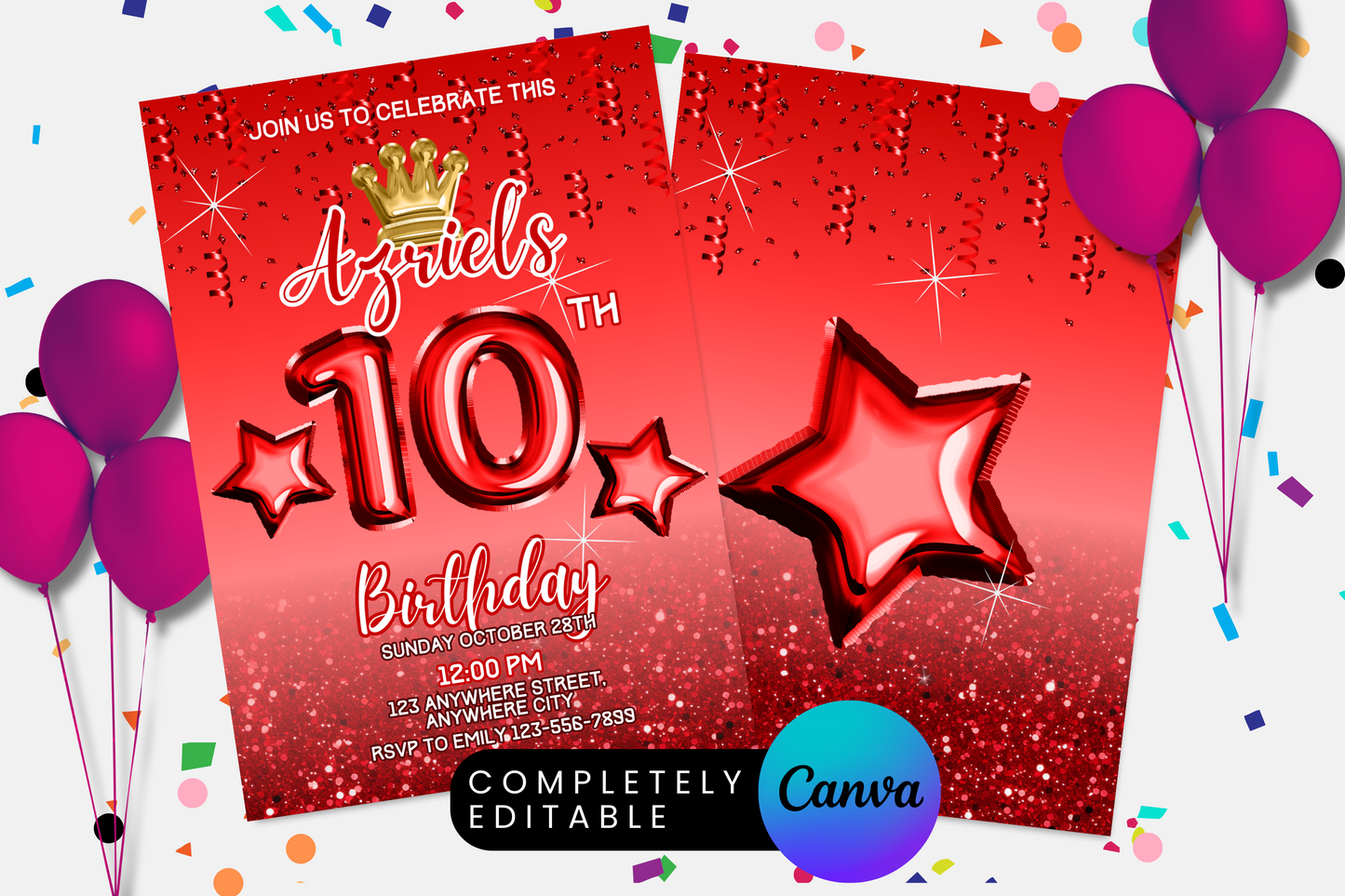 Red Princess Crown Foil Birthday Party Invitation