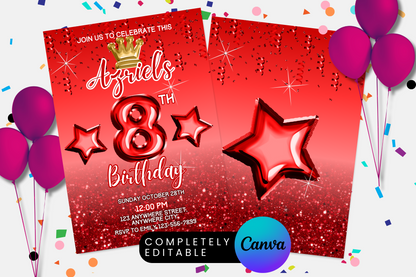 Red Princess Crown Foil Birthday Party Invitation