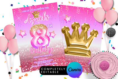 Pink Princess Crown Foil Birthday Party Invitation