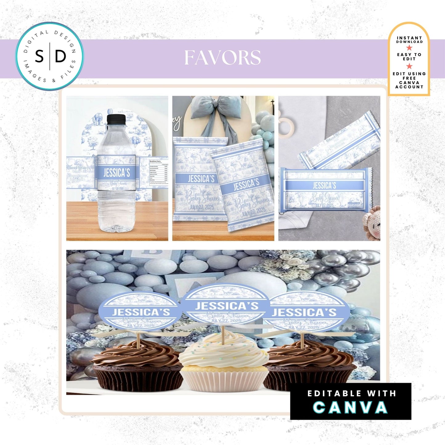 🦁 Safari Toile de Jouy Baby Shower Bundle – Dusty Blue Edition