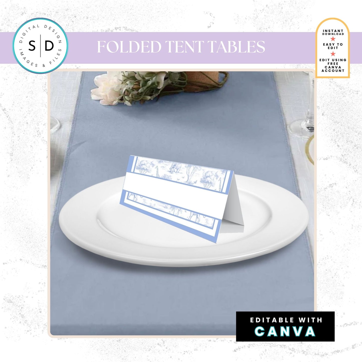 🦁 Safari Toile de Jouy Baby Shower Bundle – Dusty Blue Edition