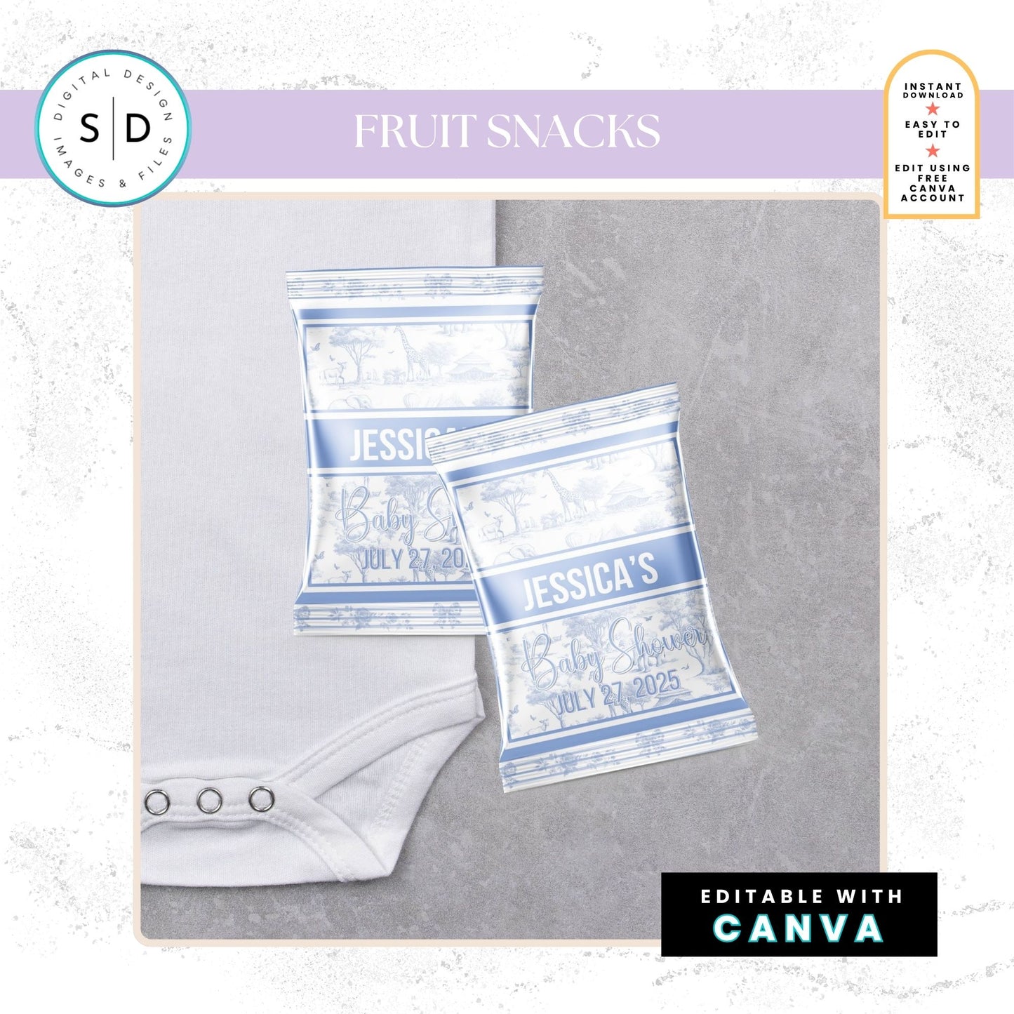 🦁 Safari Toile de Jouy Baby Shower Bundle – Dusty Blue Edition