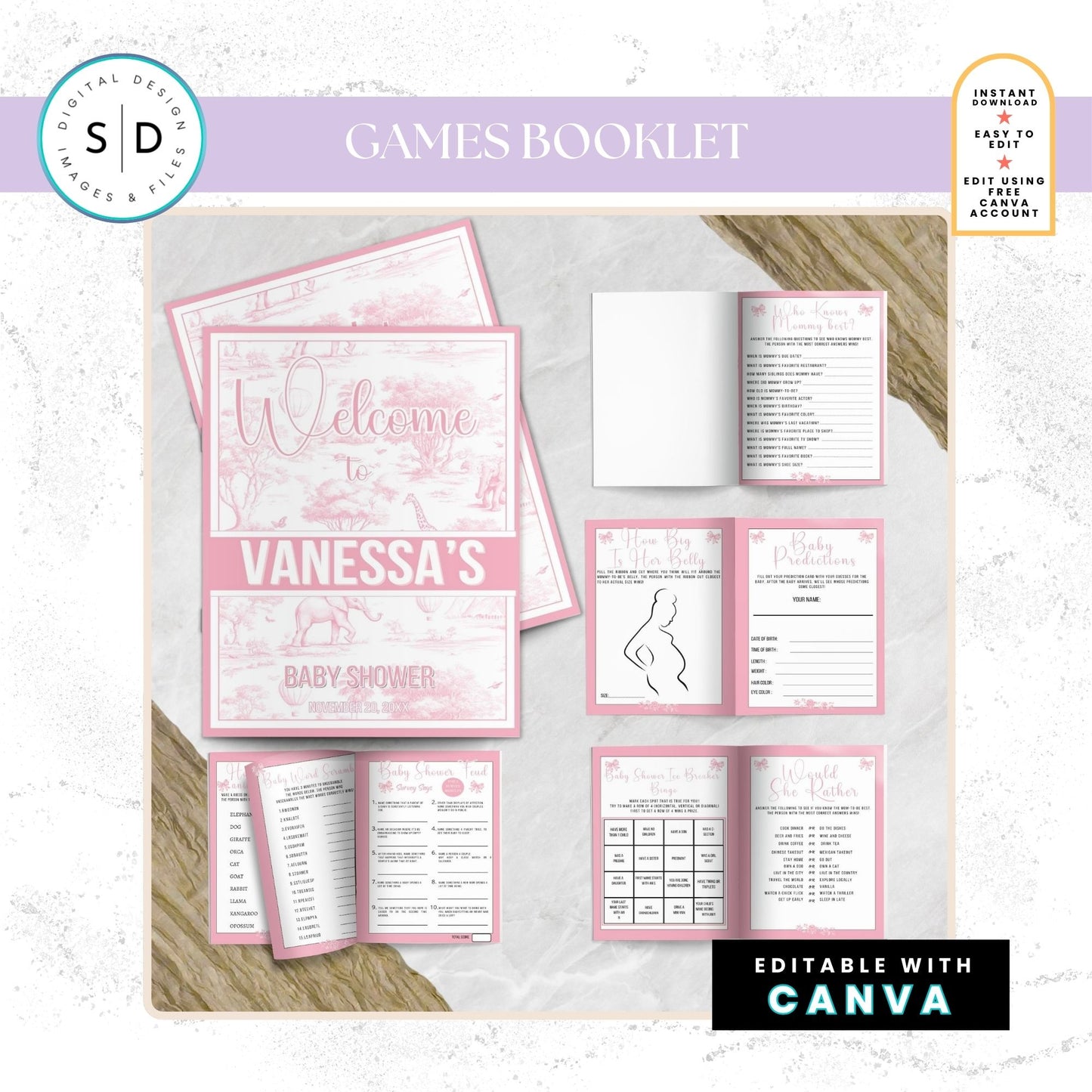 🌸 Safari Toile de Jouy Baby Shower Bundle – Editable Canva Templates 🌸