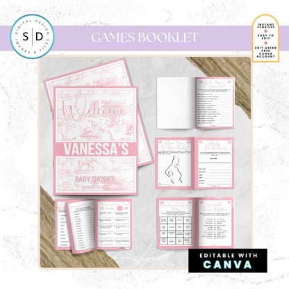 🌸 Safari Toile de Jouy Baby Shower Bundle – Editable Canva Templates 🌸