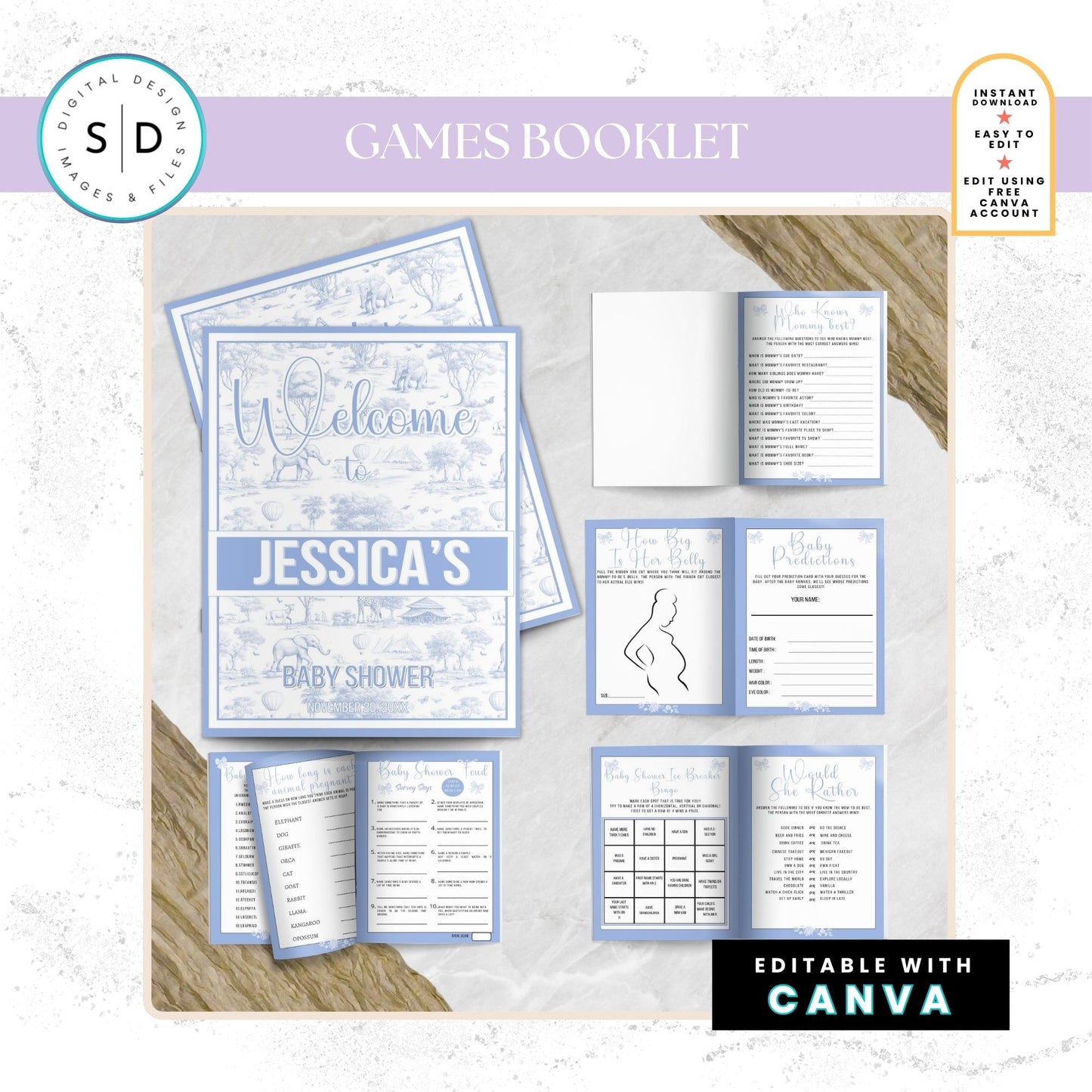 🦁 Safari Toile de Jouy Baby Shower Bundle – Dusty Blue Edition