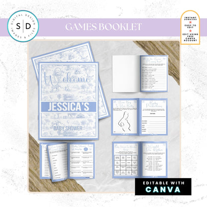 🦁 Safari Toile de Jouy Baby Shower Bundle – Dusty Blue Edition