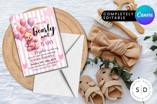 Can Bearly Wait Baby Girl Baby Shower invitation