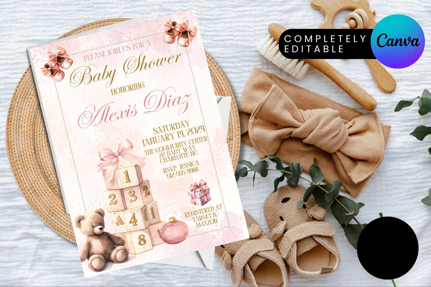 Blush Pink & Gold Bear Baby Shower Invitation
