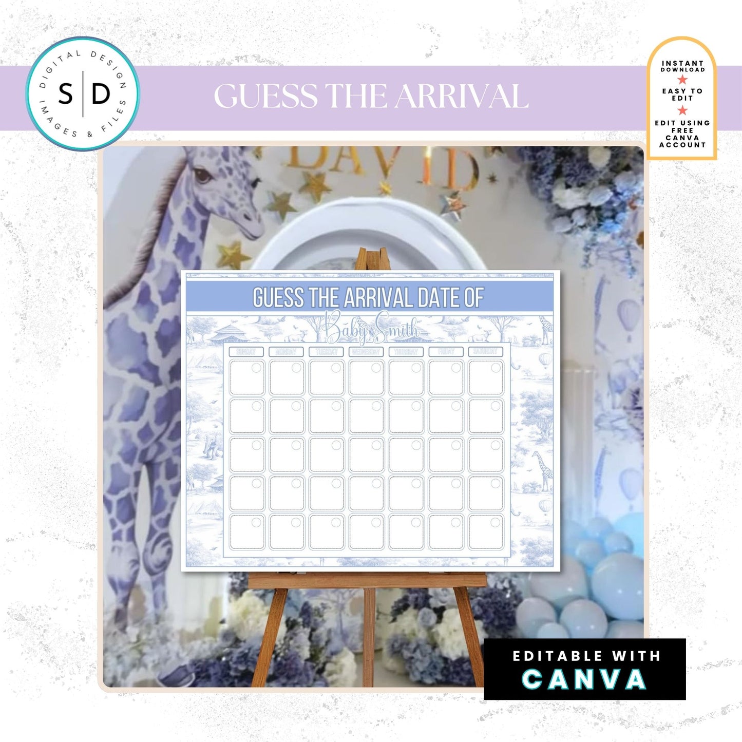 🦁 Safari Toile de Jouy Baby Shower Bundle – Dusty Blue Edition
