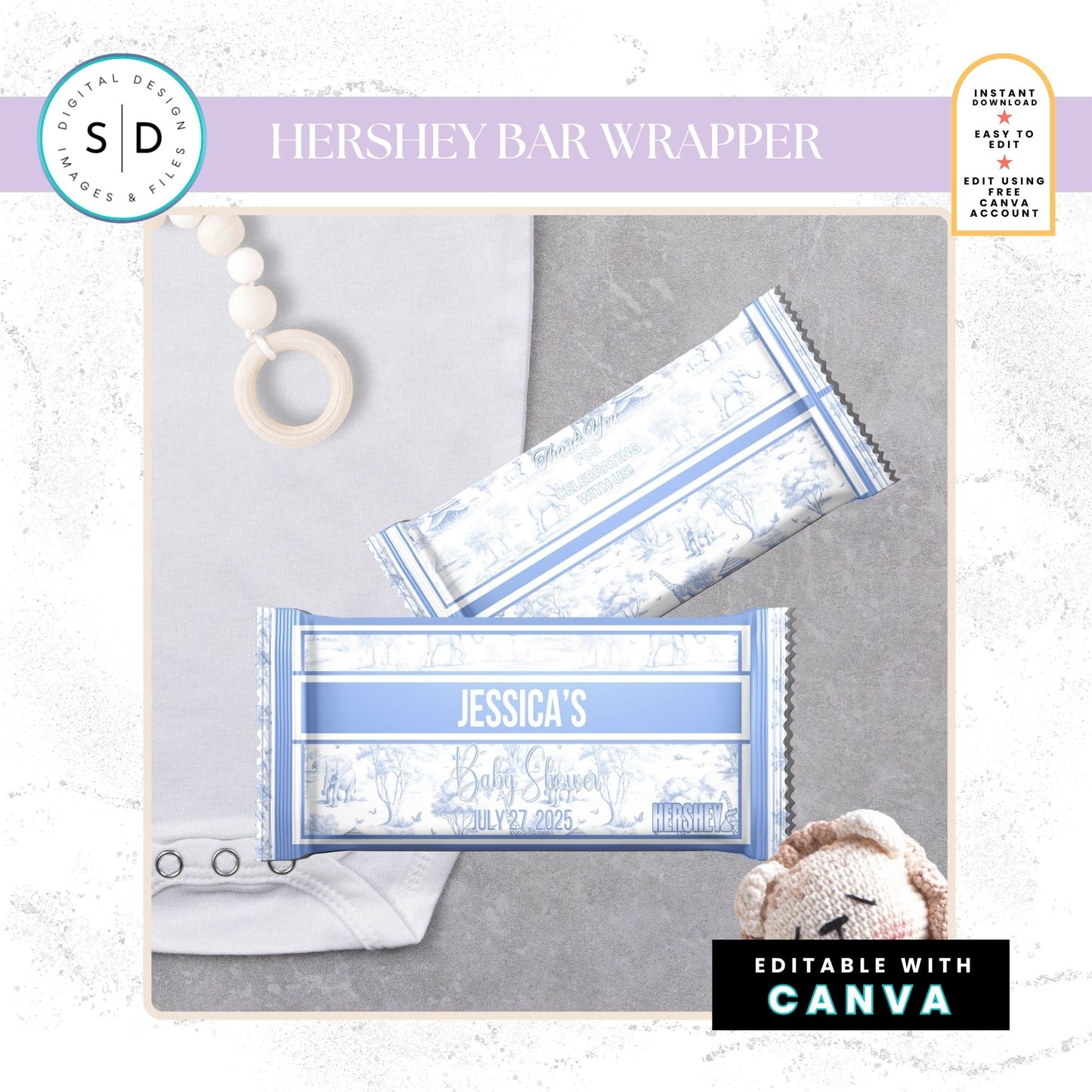 🦁 Safari Toile de Jouy Baby Shower Bundle – Dusty Blue Edition