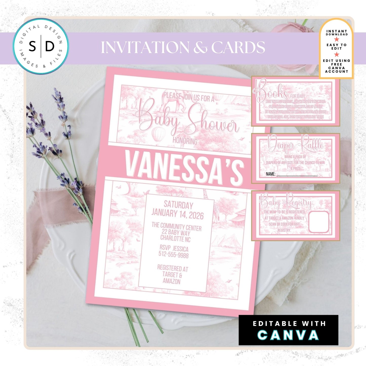 🌸 Safari Toile de Jouy Baby Shower Bundle – Editable Canva Templates 🌸