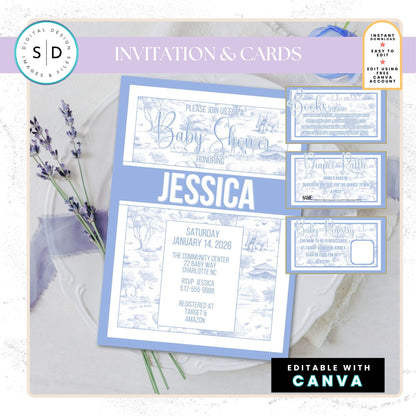 🦁 Safari Toile de Jouy Baby Shower Bundle – Dusty Blue Edition