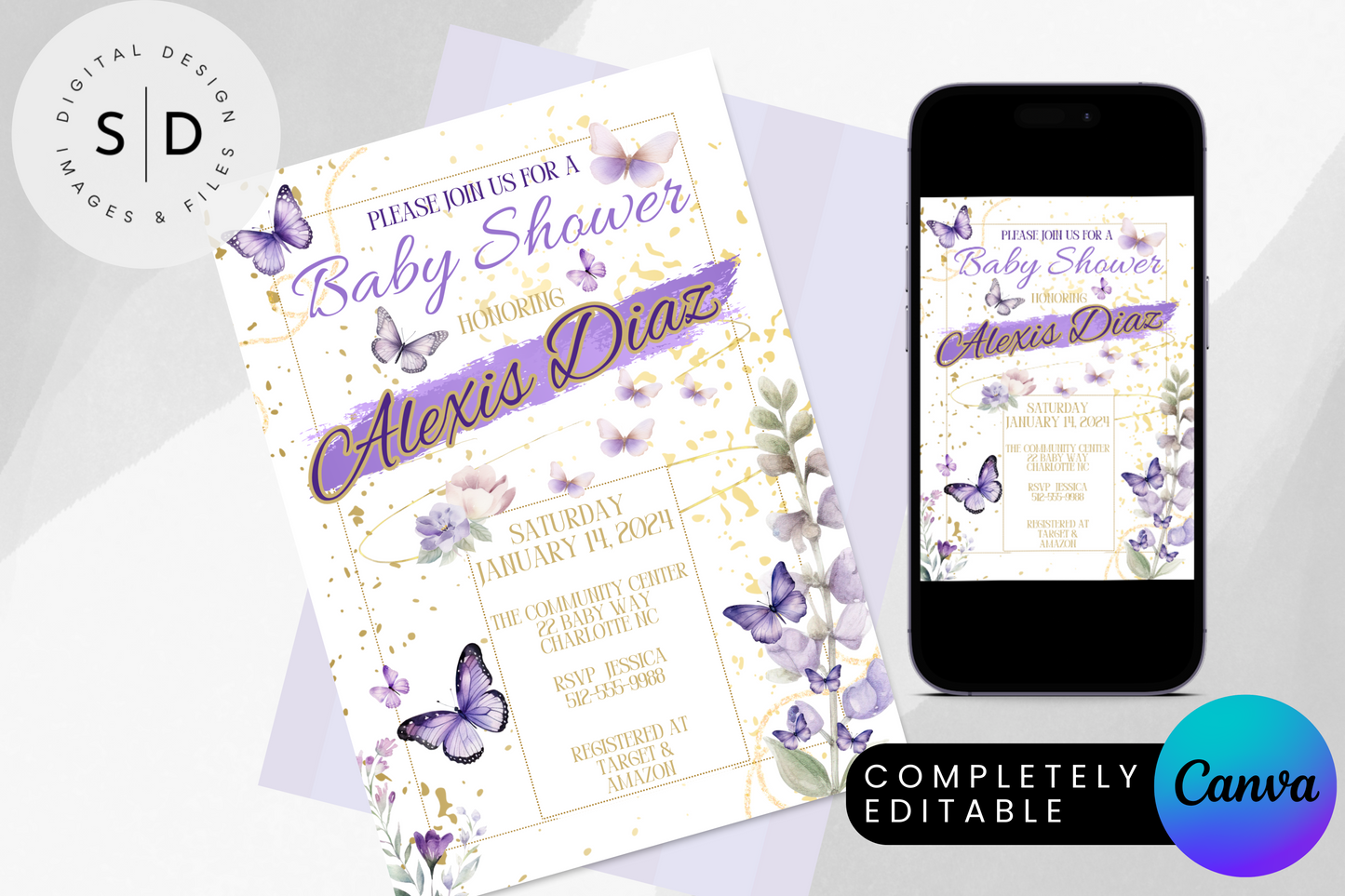 Purple Watercolor Butterflies Baby Shower Invitation