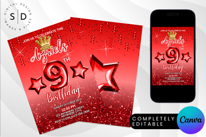 Red Princess Crown Foil Birthday Party Invitation