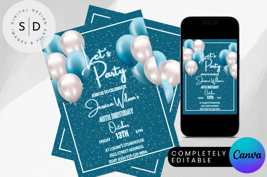 Let's Party birthday party invitation (Blue & Silver)