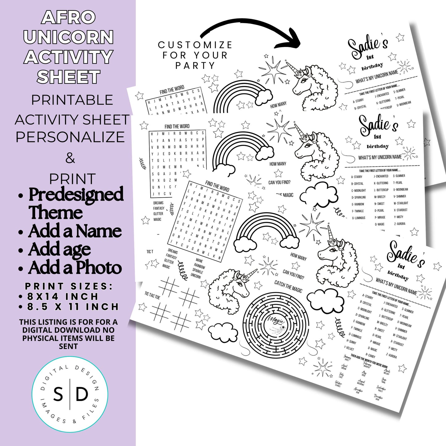 Afro Unicorn Birthday Party Activity Sheet