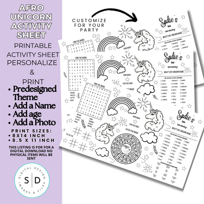 Afro Unicorn Birthday Party Activity Sheet