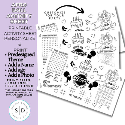 Afro Puff Fashion Doll Birthday Party Activity Sheet