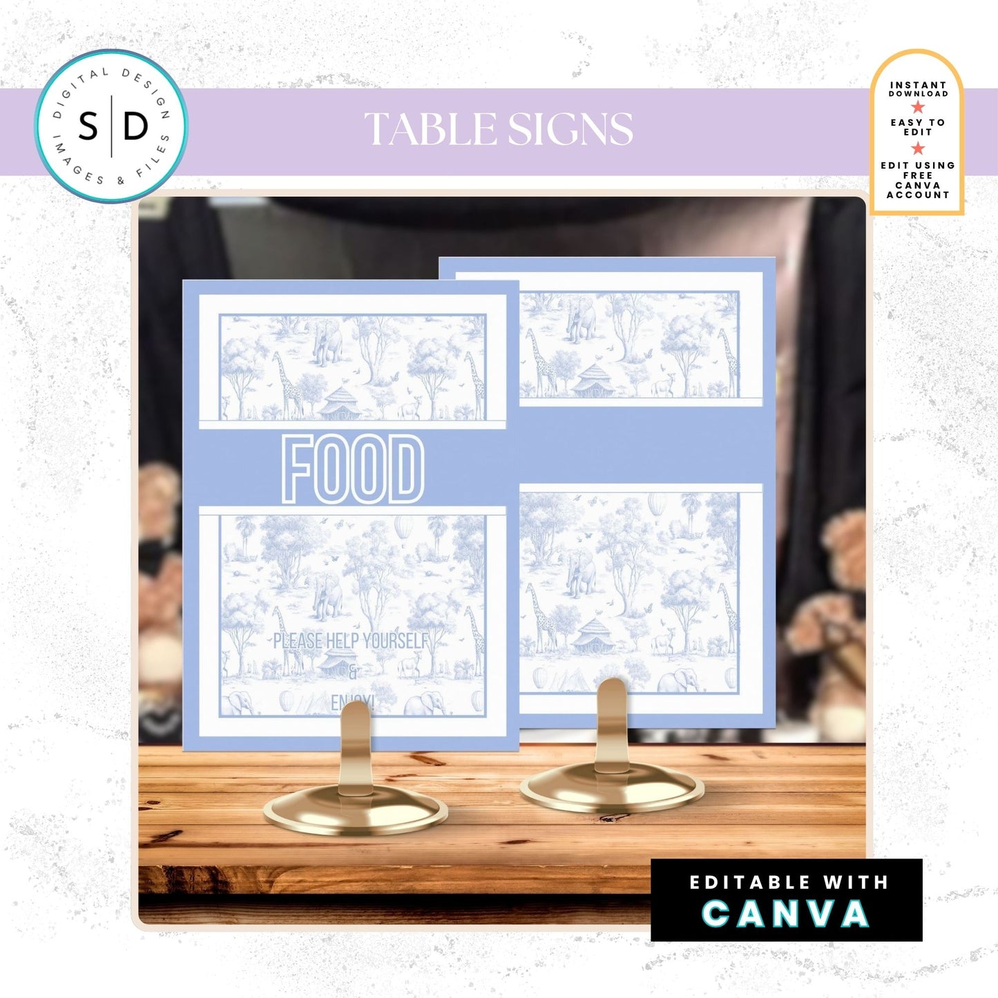 🦁 Safari Toile de Jouy Baby Shower Bundle – Dusty Blue Edition