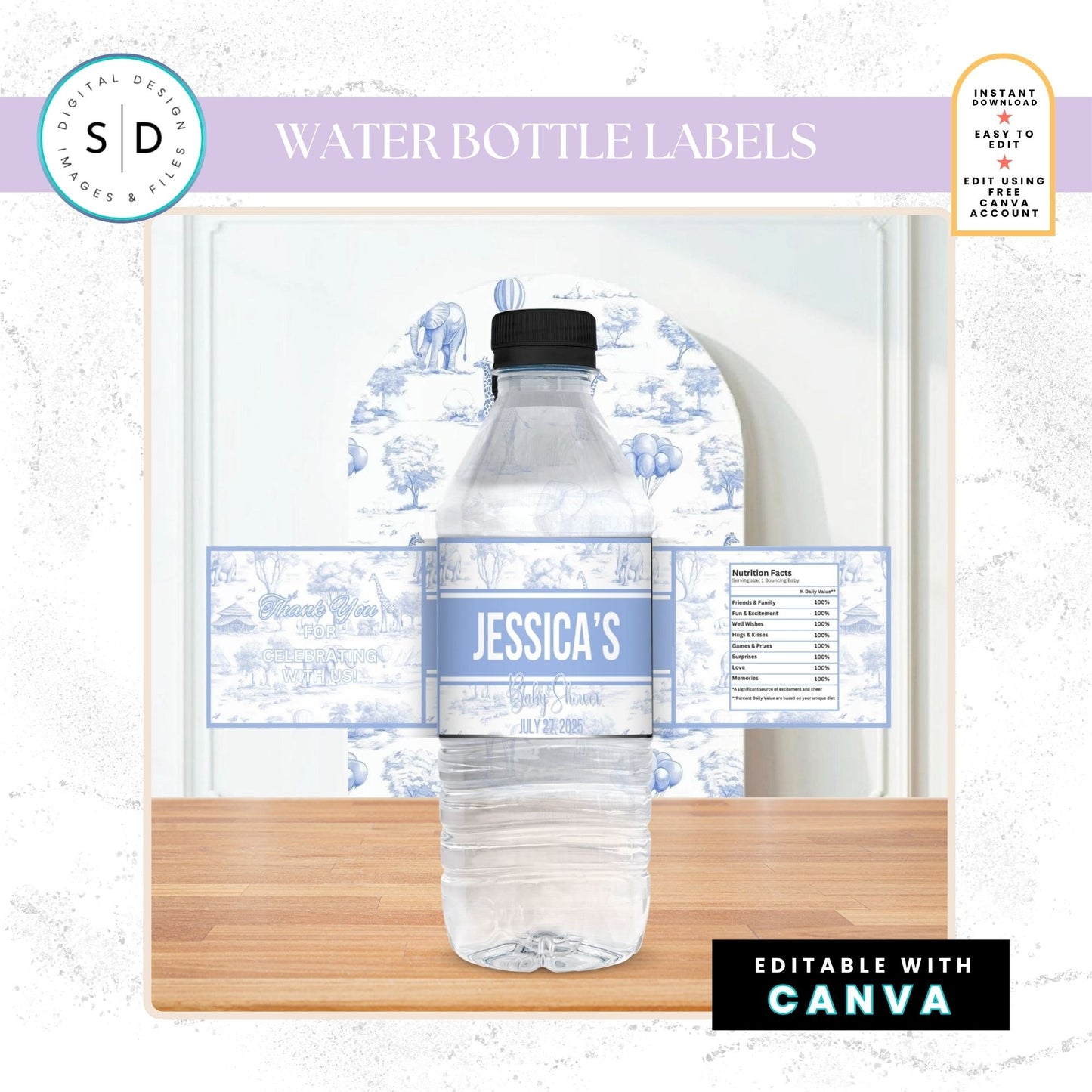 🦁 Safari Toile de Jouy Baby Shower Bundle – Dusty Blue Edition