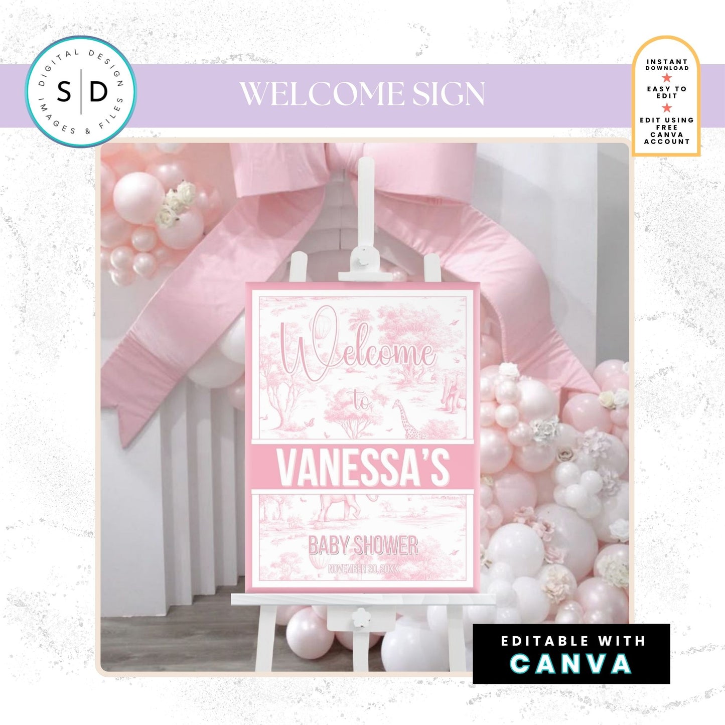 🌸 Safari Toile de Jouy Baby Shower Bundle – Editable Canva Templates 🌸