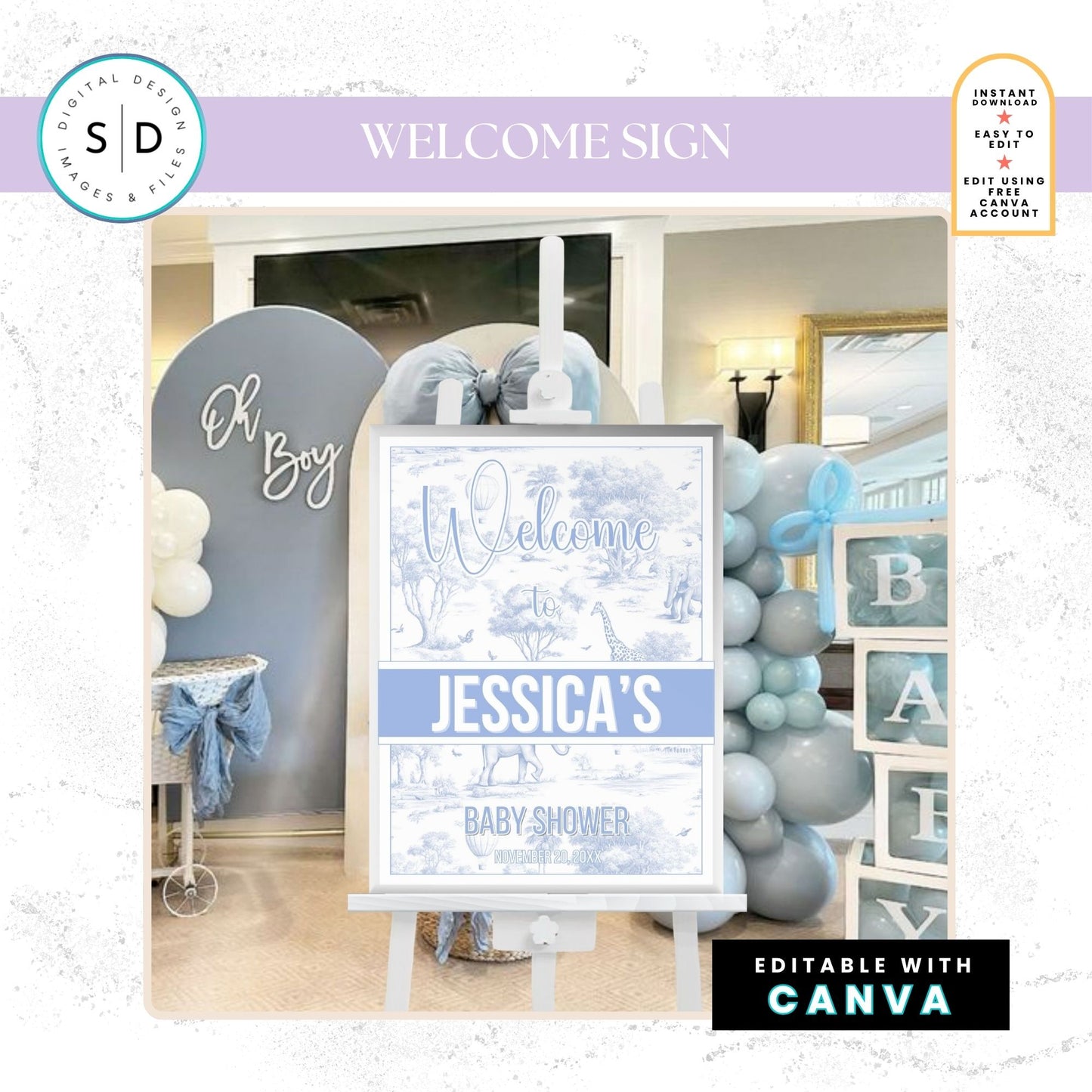 🦁 Safari Toile de Jouy Baby Shower Bundle – Dusty Blue Edition
