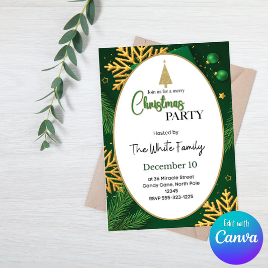 Emerald Green & Gold Glitter Ornaments Christmas Party Invitation