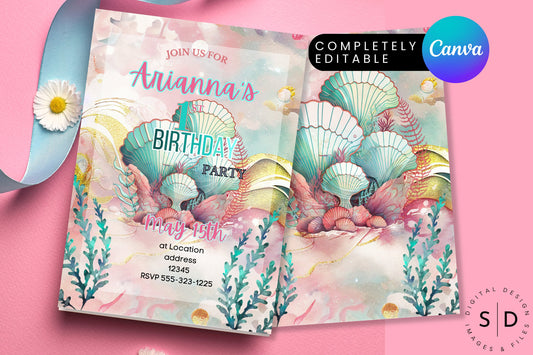 Under The Sea Seashell Mermaid Birthday Invitation Template