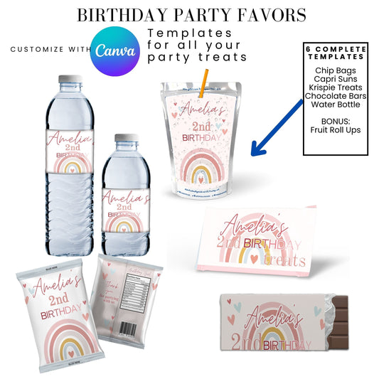 Rainbow Birthday Hearts Party Favor Templates Bundle