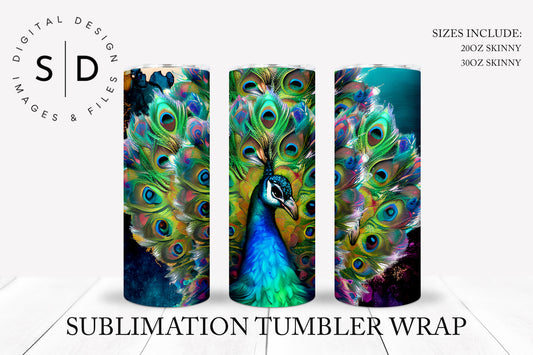 Vibrant Peacock watercolors Tumbler Wrap