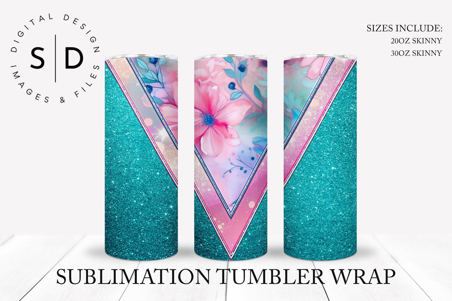 Pink Turquoise Floral Glitter Tumbler Wrap