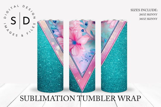 Pink Turquoise Floral Glitter Tumbler Wrap