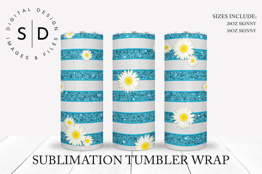 Daisy Flower Striped Glitter Tumbler Wrap