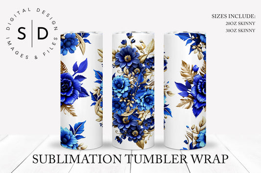 3D White Blue & Gold Flowers Tumbler Wrap