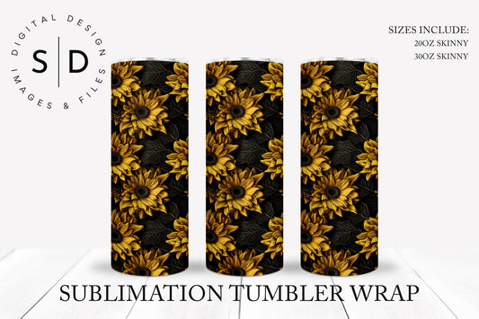 3D Black Sunflowers Seamless Tumbler Wrap